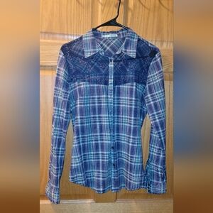 NWOT MAURICES LARGE NAVY TEAL PLAID SHIRT LACE ACCENTS BUTTON DOWN NICE